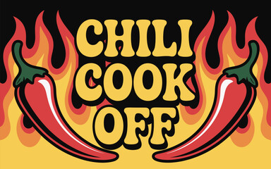 Fiery Chili Cook-Off Banner, vector illustration featuring flaming chili peppers, molten lava effects, bold colors, ideal for food event, poster, and marketing design.