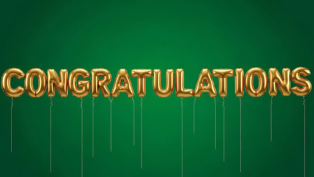 Golden balloon letters spelling congratulations on green background with strings balloons