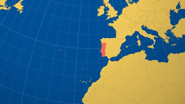 Portugal on Globe. Animated zoom into the country in Ocean Blue Golden Yellow color palette. Portugal logo animation. Map with meridians, parallels. Elegant video.