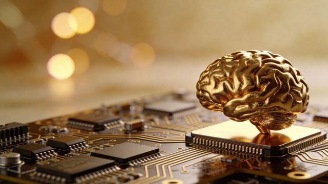 Golden brain on circuit board - Powered by Adobe