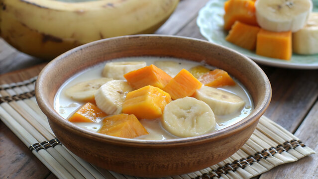 Close Up Kolak Banana and Pumpkin Traditional Ramadan Dessert in Bowl