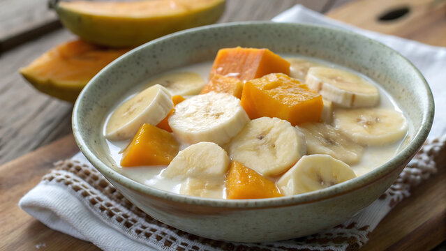 Close Up Kolak Banana and Pumpkin Traditional Ramadan Dessert in Bowl