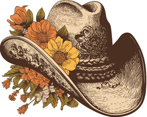 Cowboy Hat with Floral Embellishments: A classic cowboy hat adorned with vibrant and intricate floral designs, evoking a sense of rustic charm and western heritage.