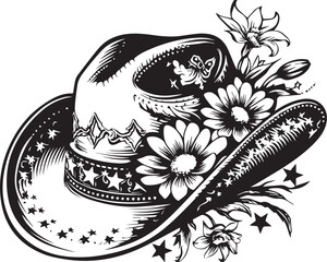 Cowboy Hat Floral Elegance: A stylish cowboy hat is adorned with delicate flowers and stars.