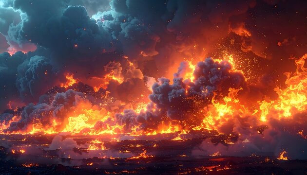 A dramatic scene of immense flames and thick, dark smoke filling the sky, creating an apocalyptic atmosphere