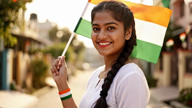 A young Indian woman proudly holding the national flag in a vibrant street during a festive video celebration. india republic day