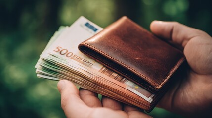 Close-up of Hand Holding Wallet and Euro Banknotes.