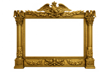 Ornate gold imperial frame featuring an eagle and crown, detailed with laurel wreaths and classical columns, transparent background