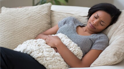 Woman experiencing abdominal pain while resting on the couch.