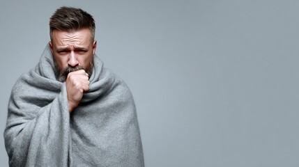 Man wrapped in blanket coughing with hand over mouth.