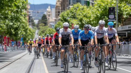 Obraz premium Tour Down Under, Professional cyclists racing in the Tour Down Under peloton through vibrant Australian city streets