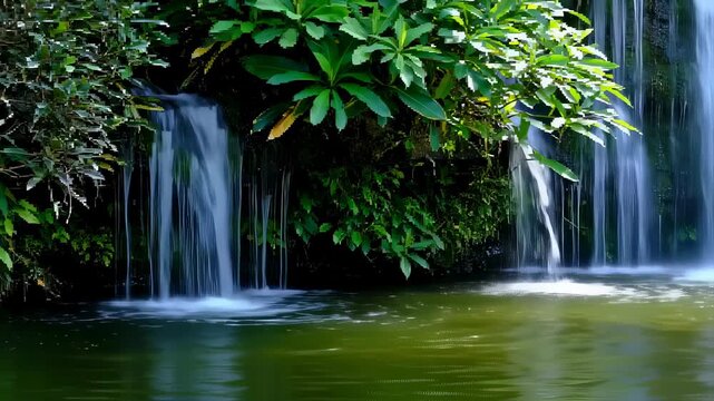 Tranquil Scene of Flowing Waterfalls Surrounded by Lush Greenery in a Tropical Environment. Seamless looping 4k video background . Seamless looping 4k video background 