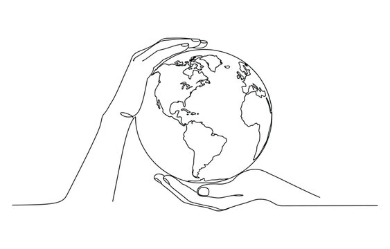 Human hands holding Earth globe continuous line art drawing.