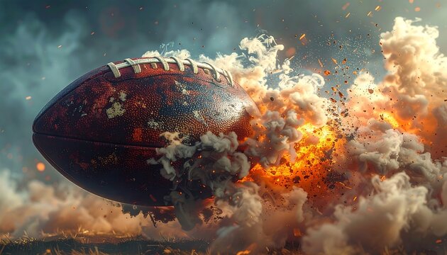 A dynamically rendered football hurtling through the air, engulfed in a fiery explosion with billowing smoke and an orange glow