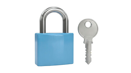 Blue Padlock and Silver Key on White Background