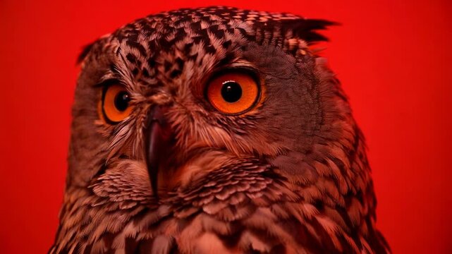A close-up portrait of an owl with vibrant orange eyes against a dark red background, conveying wisdom and intensity, often used for educational or symbolic purposes