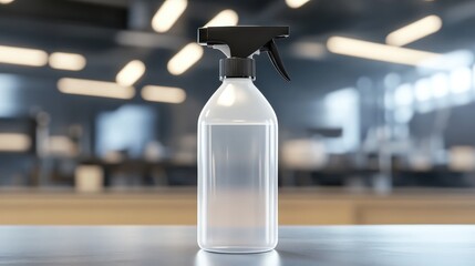 A clear plastic spray bottle filled with disinfectant liquid stands ready for use on a reflective surface with a blurred background