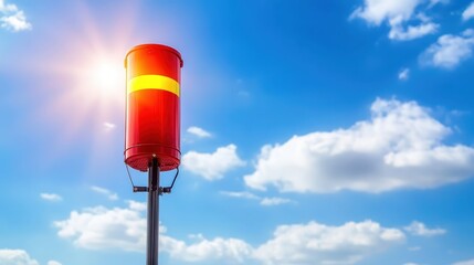A bright red cylindrical emergency broadcast system speaker with a yellow band mounted on a pole against a clear blue sky with white clouds