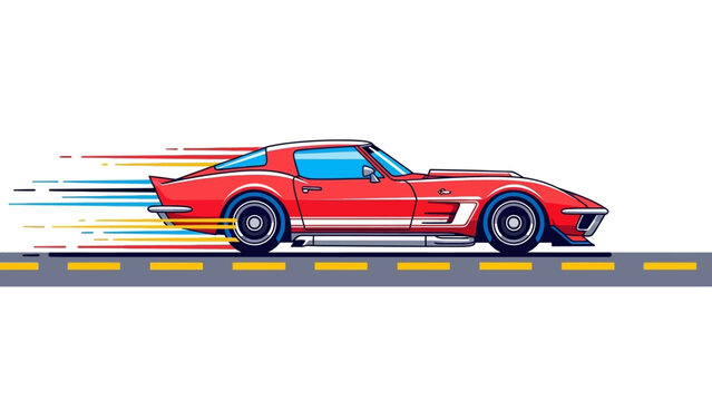 A red Corvette sports car speeds along a road with motion blur, depicted in a colorful vector illustration style against a clean white background.