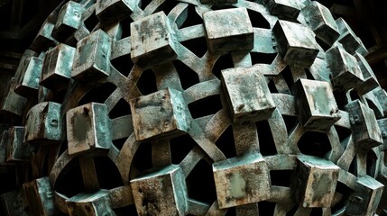 A close up view of a complex spherical structure made of interlocking geometric metal gears and cubes