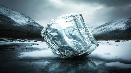 A crinkled metallic ration pack packaging rests frozen on a snow covered icy surface with mountains in the background under a dramatic cloudy sky