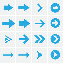 Set of 16 minimalist blue arrow icons and navigation symbols pointing right, vector illustration for web design and UI/UX interface.