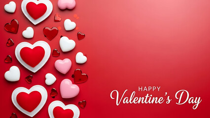 Red white and pink hearts scattered on a red background with text love valentine romantic celebration