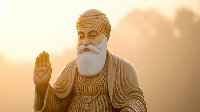Cinematic devotional video of a Guru Nanak statue illuminated by soft golden morning light with a calm spiritual atmosphere