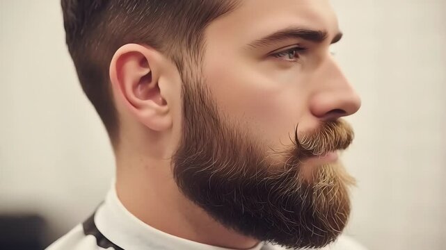 High-key cinematic video focusing on detailed beard styles and facial hair texture in a modern barber studio. Soft directional lighting and slow movement highlight grooming, fashion, masculinity