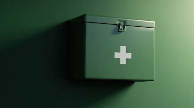 A locked green wall mounted cabinet with a white cross symbolizing first aid and medical supplies for safety and emergency preparedness