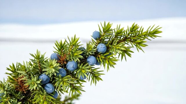 Close up of a juniper branch with blue berries and green needles.