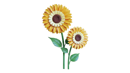 Two Sunflowers with Green Stems and Leaves on White Background