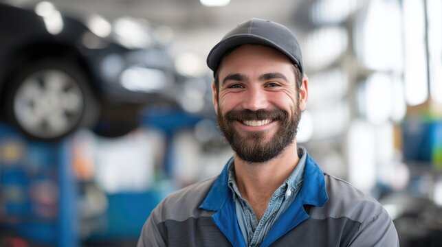Portrait of a smiling male auto mechanic in a blue uniform at a garage. - Powered by Adobe