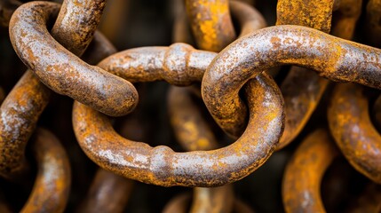 Fototapeta premium Close up of heavily rusted iron chains linked together showing intricate texture and weathered patina