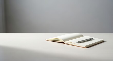 Notebook and pen on an empty desk in soft light. Concept of single-task focus, deep work, clarity, and simple productivity with large copy space