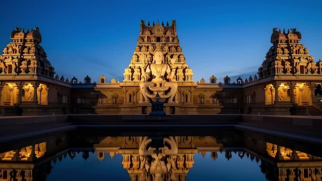 Serene cinematic video of a Lord Shiva temple at twilight under a deep blue sky. Gentle spotlights illuminate the sacred sculpture, creating a calm spiritual atmosphere