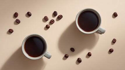 Obraz premium Two Coffee Cups Surrounded by Coffee Beans on a Soft Beige Background with Natural Shadows and Simple Aesthetic for Contemporary Designs