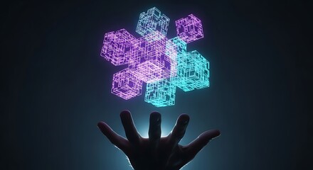 Future technology & connectivity hand interacting with data cubes.