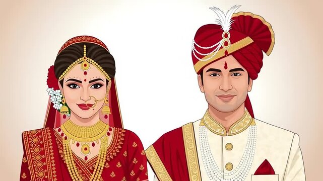 Studio-style cinematic video of an illustrated Indian wedding couple wearing traditional attire. Symmetrical composition and soft even lighting highlight cultural elegance, celebration, marriage