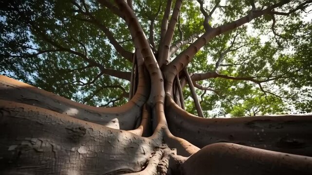Cinematic low-angle video of massive banyan tree roots spreading into the earth. Wide perspective and natural diffused sunlight emphasize scale, strength, age, and organic texture
