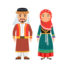 Man and woman in ethnic traditional dress of different countries of world set. People wearing folk costume in tradition of Saudi Arabia and Albania, Sweden and Spain, China cartoon vector illustration
