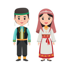 Man and woman in ethnic traditional dress of different countries of world set. People wearing folk costume in tradition of Saudi Arabia and Albania, Sweden and Spain, China cartoon vector illustration