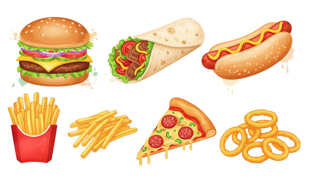 Colorful fast food watercolor illustration set isolated on transparent background