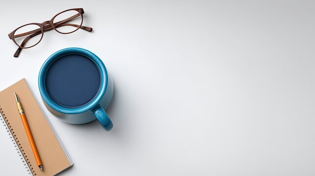 Cozy workspace setup with blue coffee mug, stylish glasses, notepad, and pen on a light surface, perfect for inspiration and productivity.