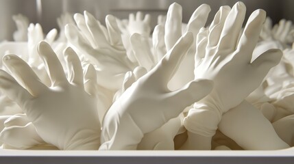 A large pile of white medical examination gloves are tossed aside in a designated waste area
