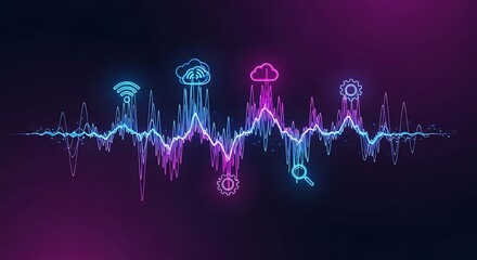 Dynamic neon data flow cloud, wifi, and analysis in a digital wave.