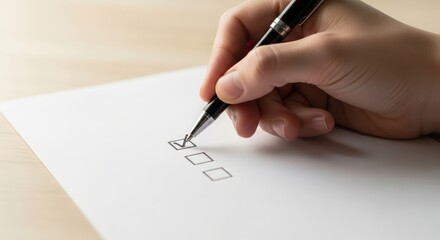 Close-up of hand ticking a simple checklist. Concept of small wins, daily progress, habits, self-improvement, and consistency with clean composition and space for text