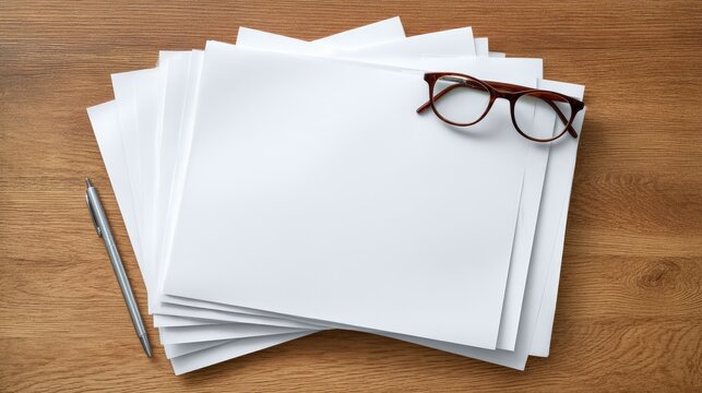 Blank sheets of paper stacked on a wooden table with a pair of eyeglasses and a pen placed nearby for writing or office use