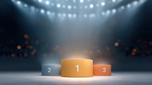 Empty winner podium with ranking numbers one two three under spotlights in arena.