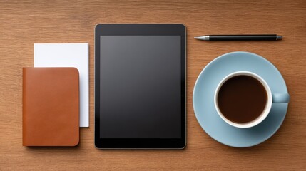 Modern workspace setup featuring tablet, notebook, coffee cup, pen, and blank notepad on a wooden desk, ideal for productivity and creativity scenarios